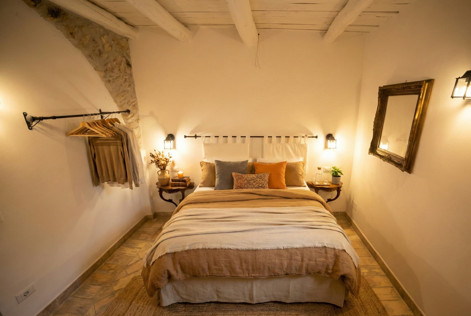 Attic room with lime-washed beams, lanterns and linen bedding